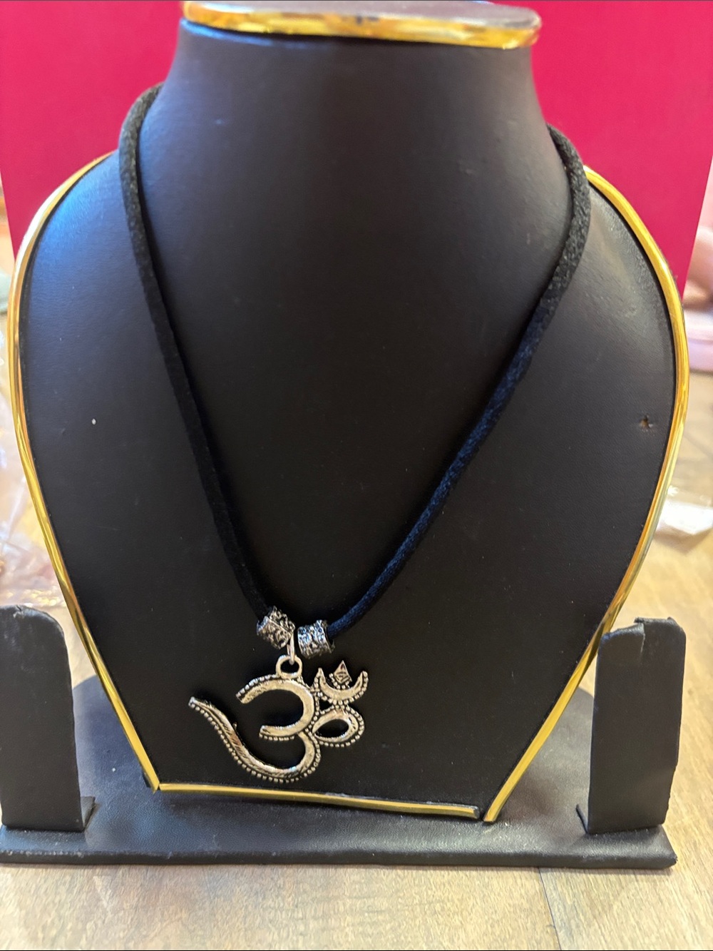 Silver Om Symbol Pendant Necklace in Black Cord - Unbranded